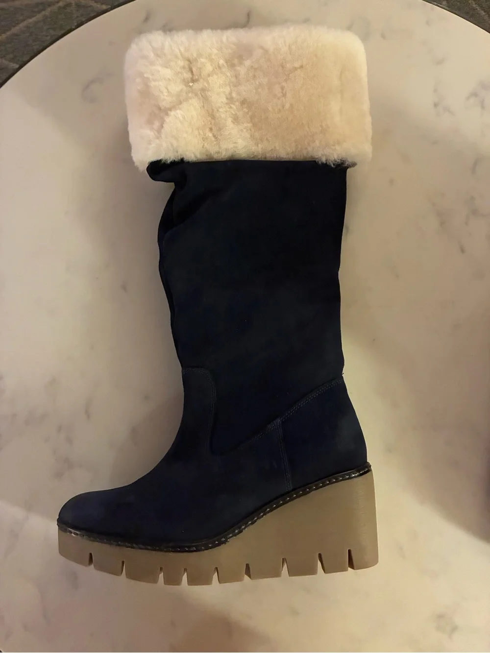 NWOT VINTAGE FOUNDRY COMPANY Arabella Wedge Boots in Navy Suede Size 8